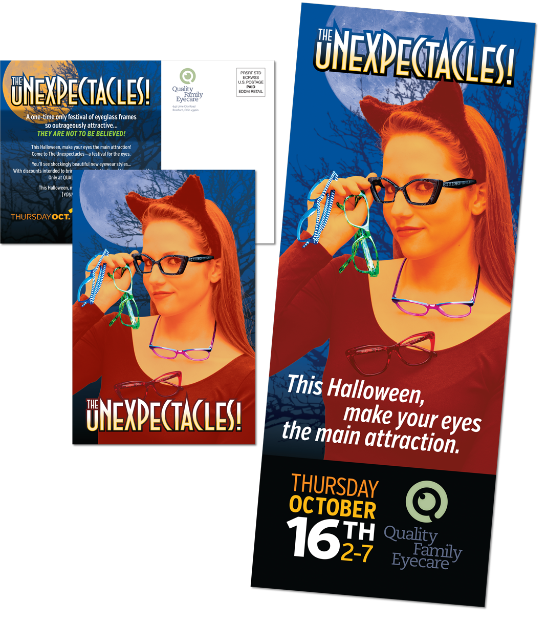 Series of postcards and in-store banners promoting themed trunk shows