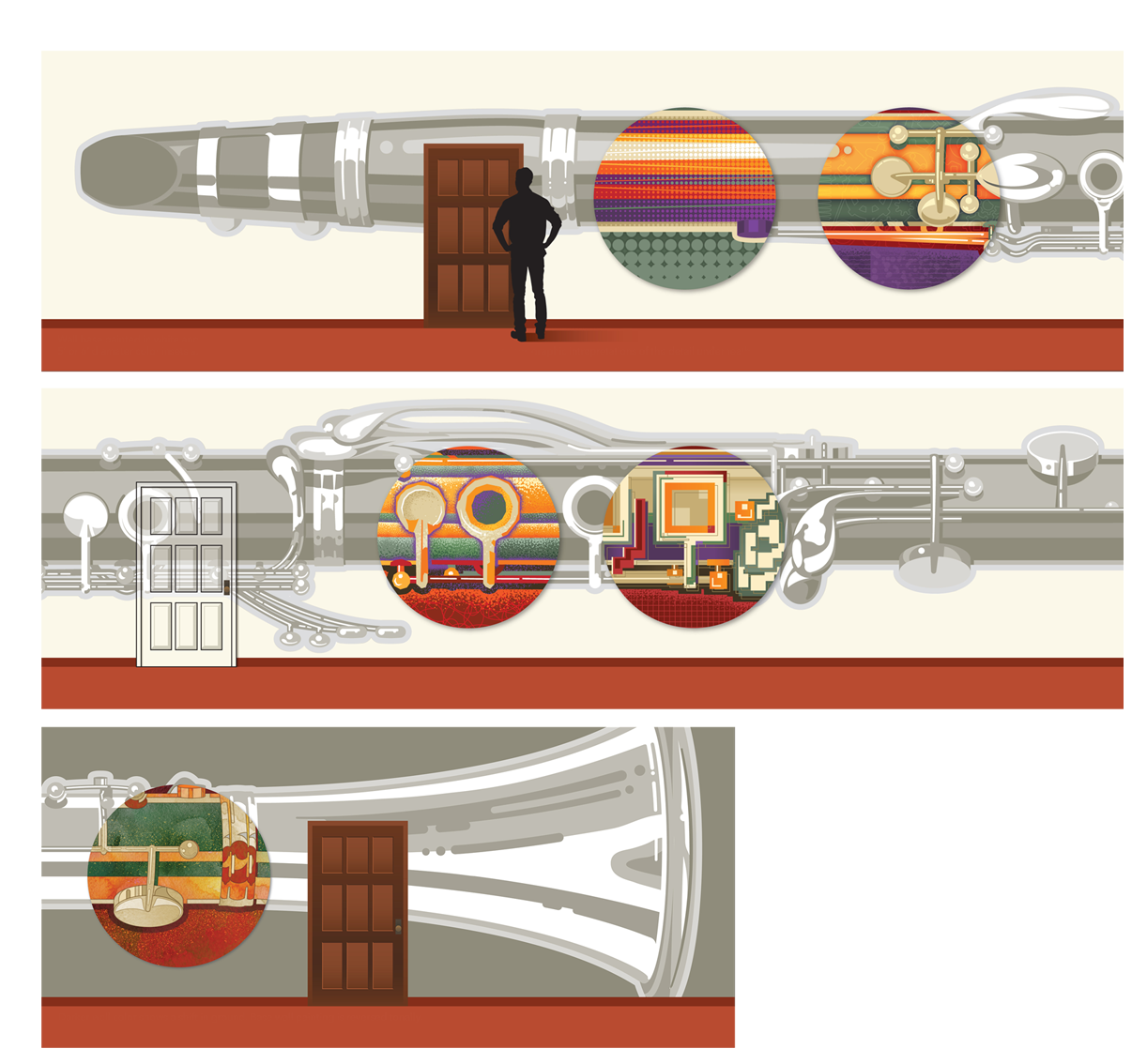 Proposed treatment of long corridor wall.<br />Base layer of design is a (hand-painted) wind instrument in 5 shades of warm gray. Six-foot diameter insets are color prints stretched over round forms and feature various graphic interpretations of the hand-painted detail seen on the base layer. Where design meets the corner wall, the base wall color reverses tonally.