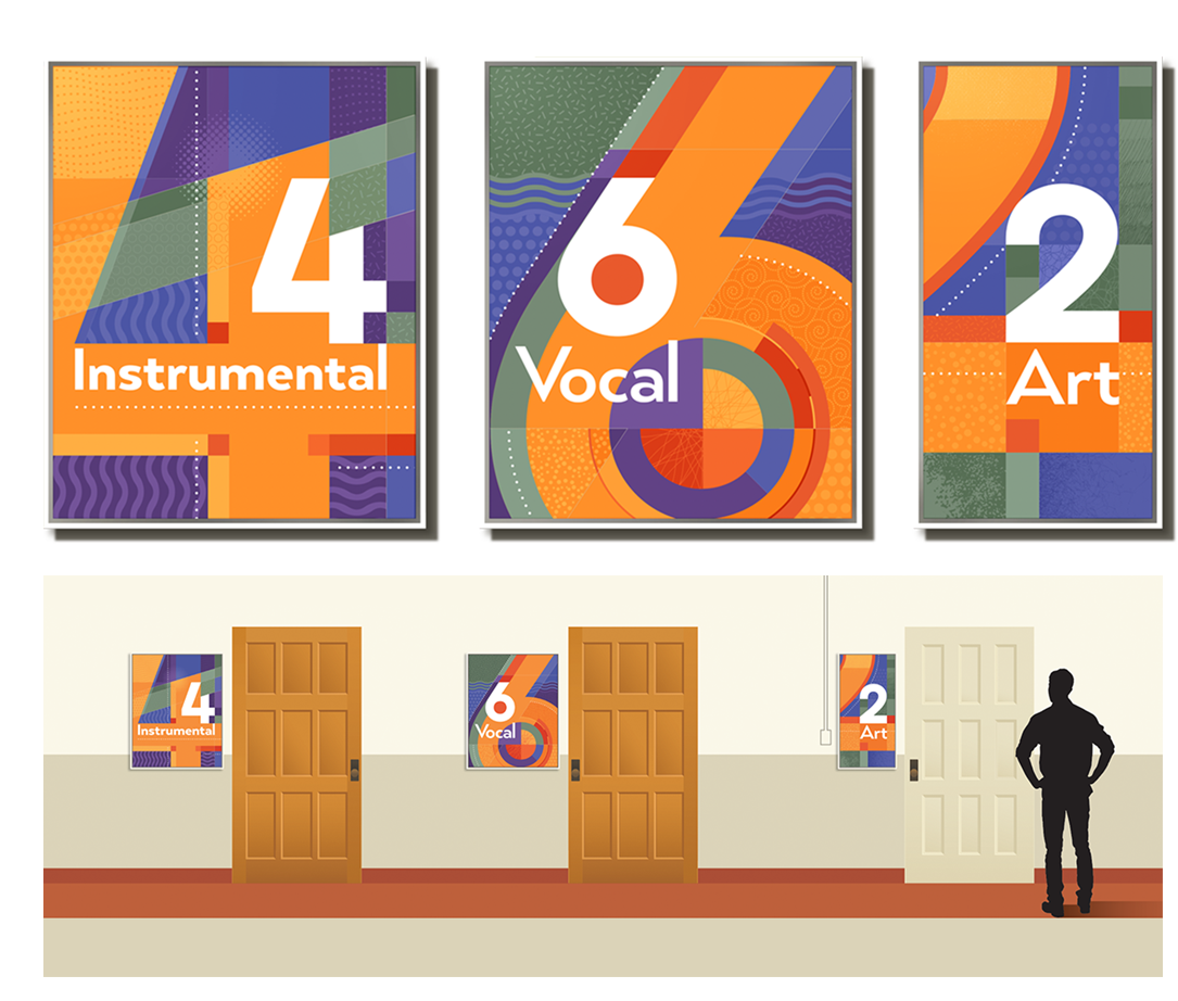 Classroom numeral placards. Printed vinyl skinned onto board in enameled canvas-mount frames
