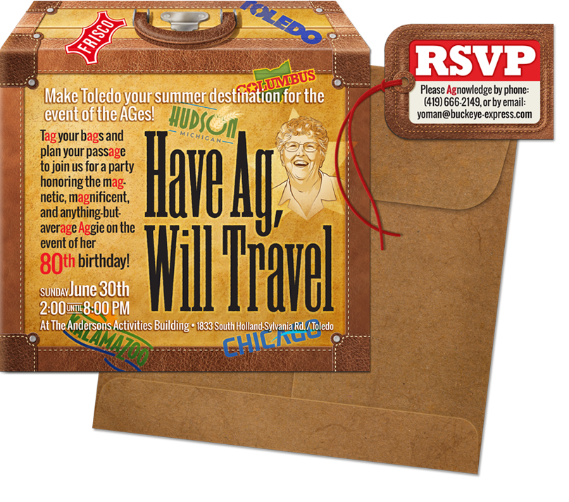 Party invitation design is personalized with a nod to the 5 cities that the recipients would be leaving from to reach the event destination.