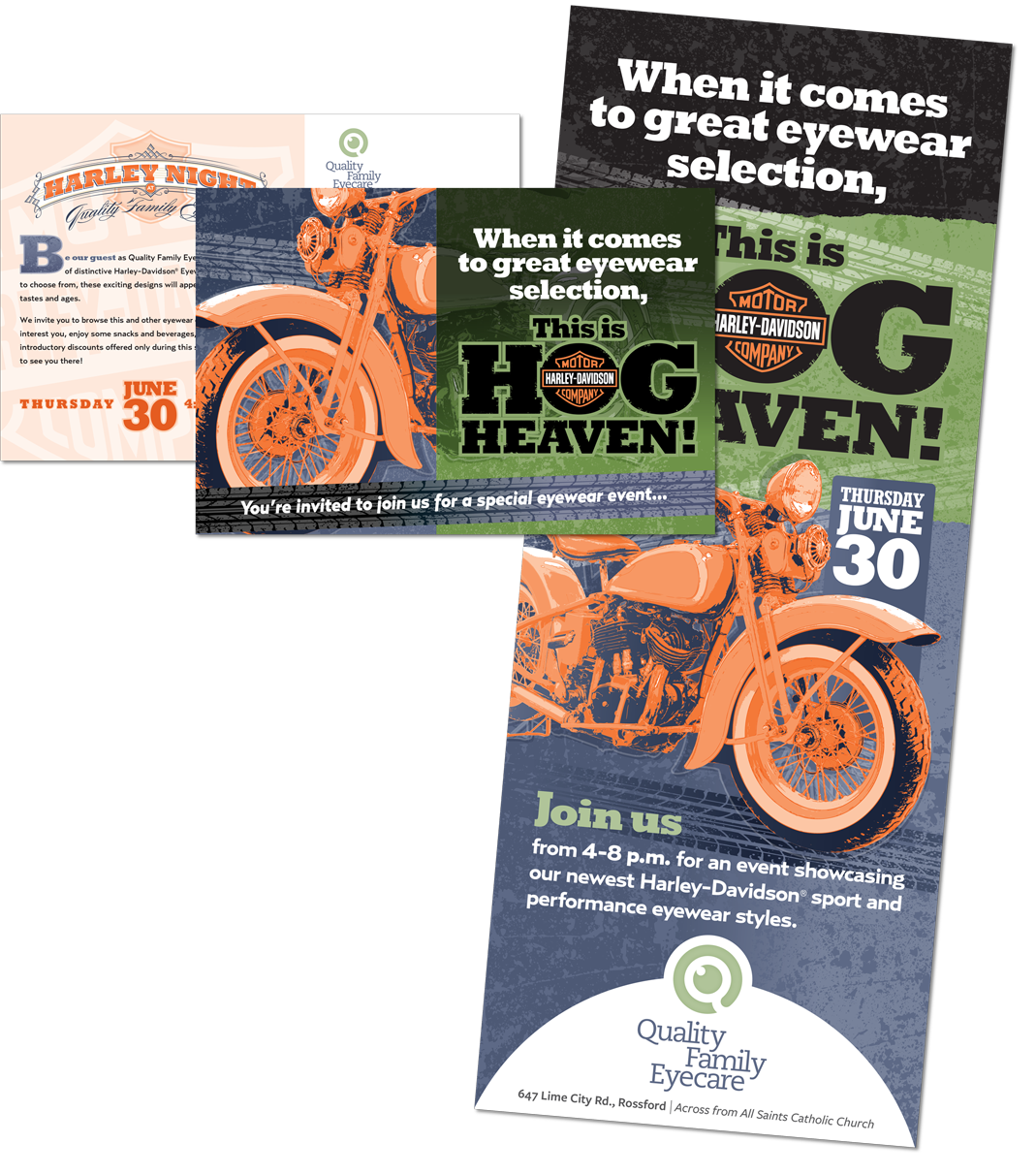 Series of postcards and in-store banners promoting themed trunk shows