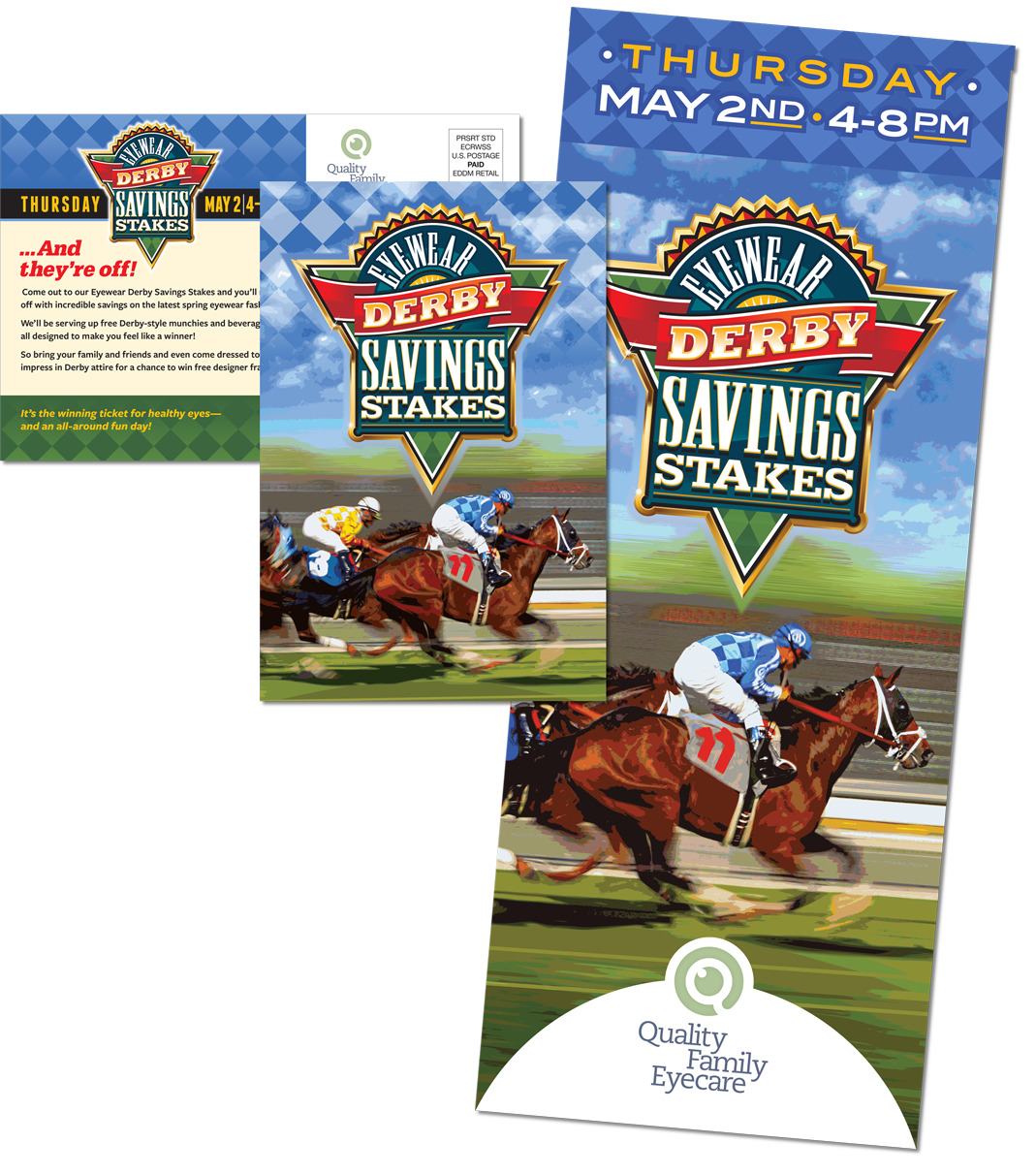 Series of postcards and in-store banners promoting themed trunk shows