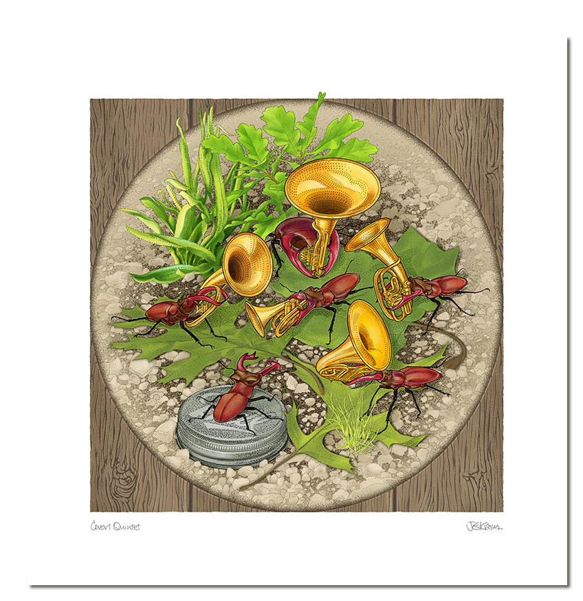 <b>COVERT QUINTET</b><br />14.25” by 14.75”<br />Stippling over watercolor and gouache<br />