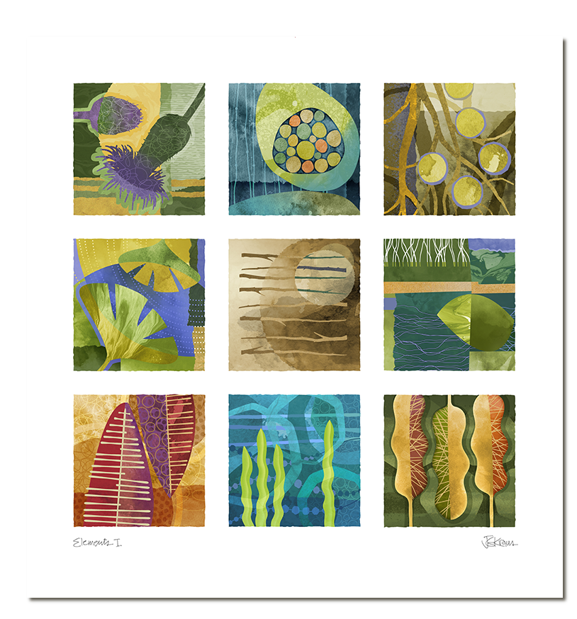 <b>ELEMENTS 1</b><br />10.5” by 11”<br />Collaged transparent and opaque watercolor over textured papers
