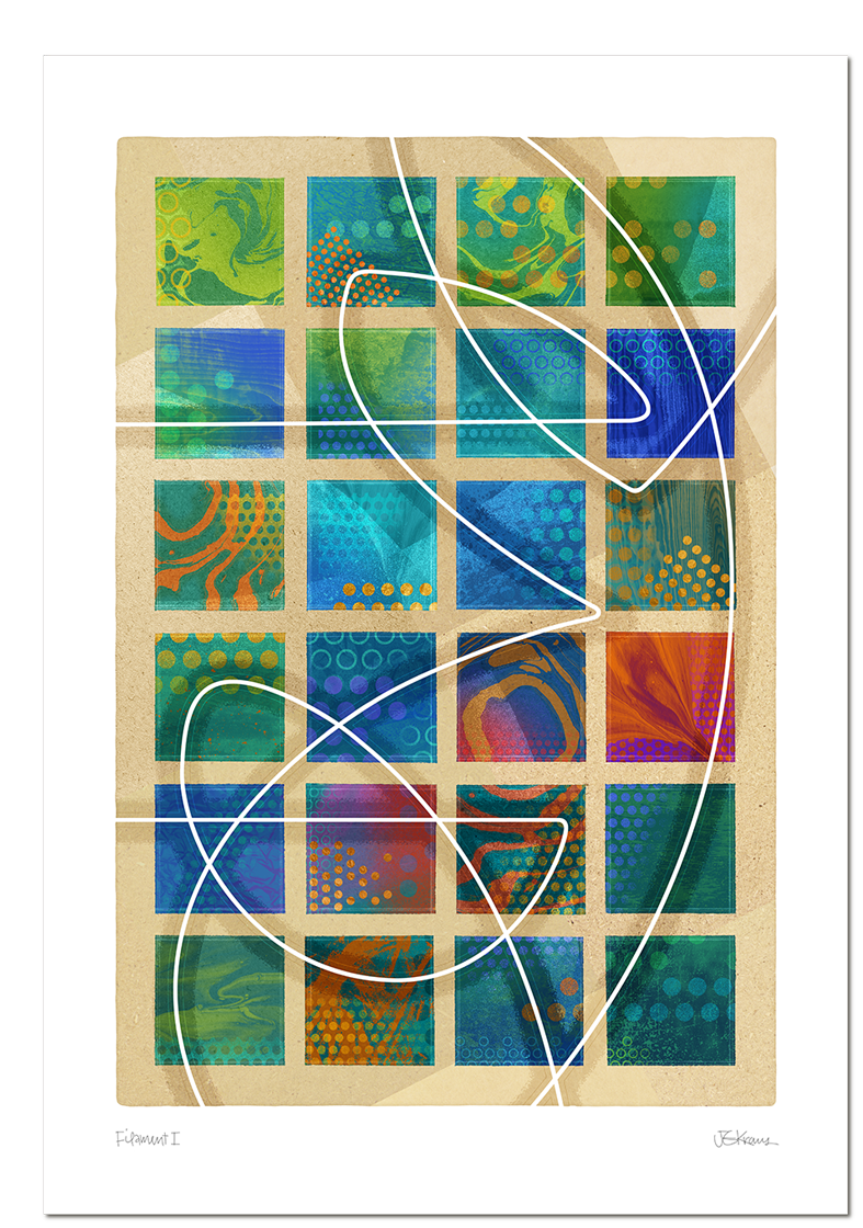 <b>FILAMENT 1</b><br />28” by 39”<br />Mezzotint painting with handmade paper and texture collage