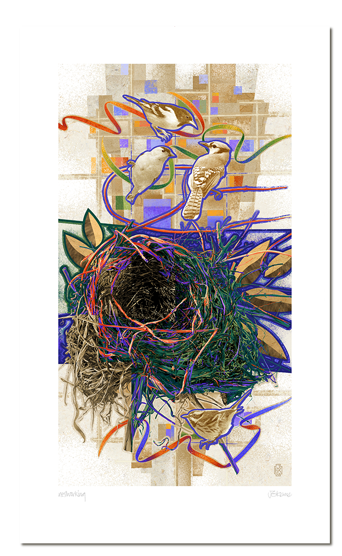 <b>NESTWORKING</b><br />15” by 25”<br />
Watercolor, gouache and chalk pastel collaged with found textures.