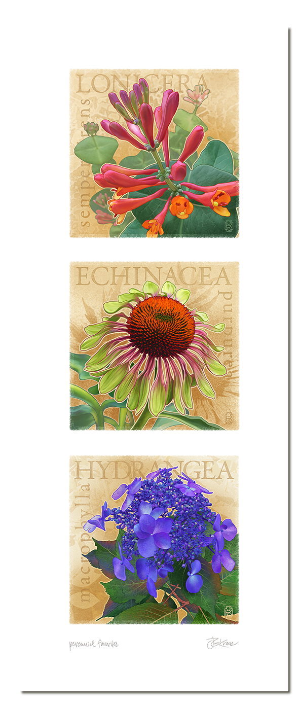 <b>PERENNIAL FAVORITES</b><br />9.5” by 23.5”<br />Watercolor and gouache painting over handmade paper sampling