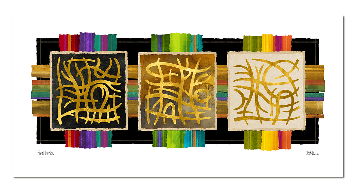 <b>TRIBAL TERNION</b><br />22” by 10.75”<br />Transparent watercolor over sampled paper textures