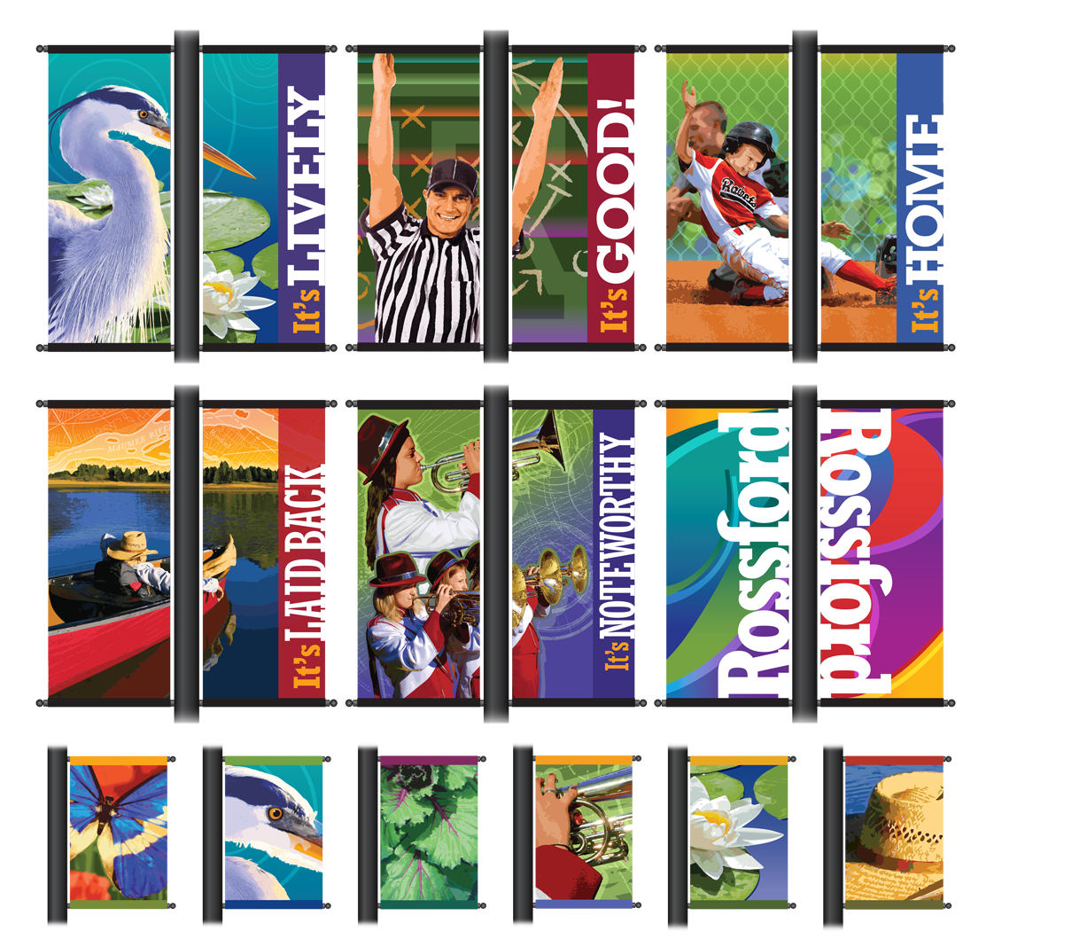 Pole banner series evoke the natural assets and lifestyle of the community in this city-commissioned series.