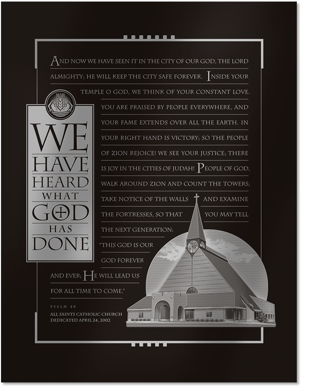 Engraved plate design for narthex of new church, commissioned to coincide with its dedication